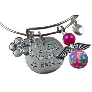 HAND-CRAFTED Moon & Back Adjustable Bangle Bracelet - Flower Angel Heart Charms